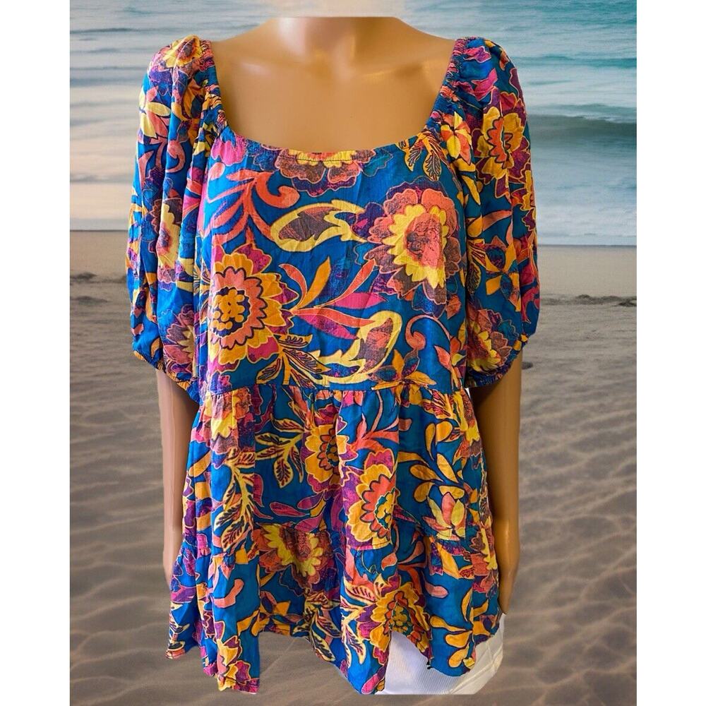 Terra&Sky Women Plus 1X Blue Floral Puff Sleeve Square Neck Pullover Cottagecore